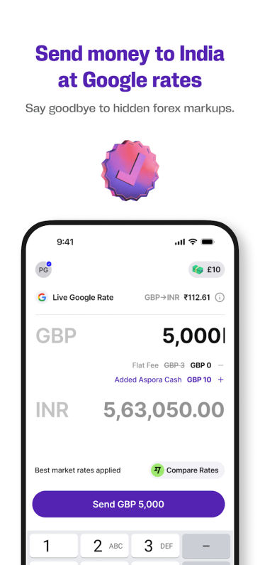 Aspora's mobile app, available on iOS and Android